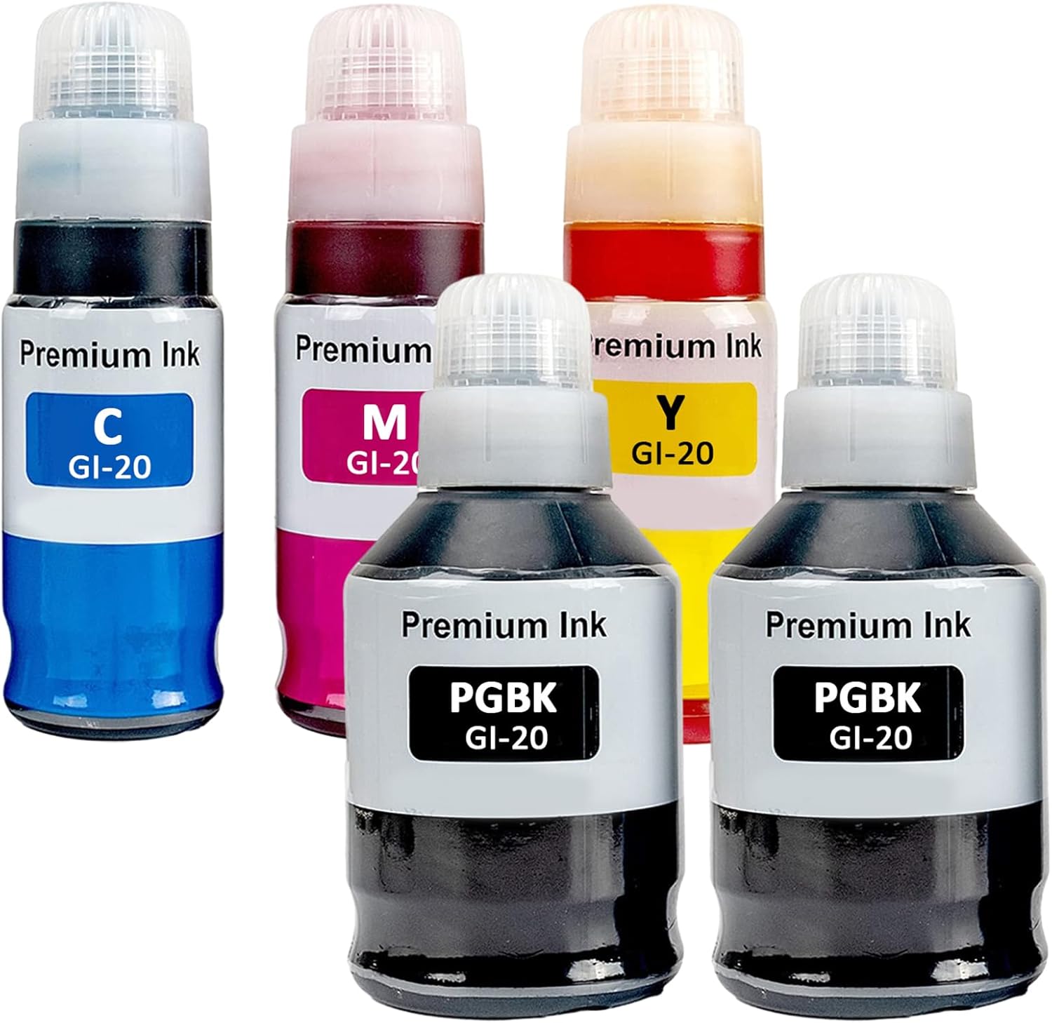 (Non-OEM) Canon GI-20 (3383C001 3394C001 3395C001 3396C001) Compatible Ink Bottle 5-Pack Combo PGBK x 2/C/M/Y