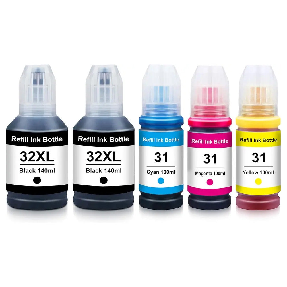 (Non-OEM) HP 32XL Black & HP 31 Cyan(1VV24AN, 1VV26AN, 1VV27AN, 1VV28AN) Magenta Yellow Compatible Ink Bottle 5-Pack Combo High Yield BK x 2/C/M/Y