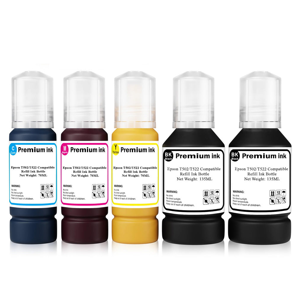 (Non-OEM) Epson T502 (T502120, T502220, T502320, T502420) T522 (T522120, T522220, T522320, T522420) Compatible Ink Refilled Bottle Combo BK x 2/C/M/Y 